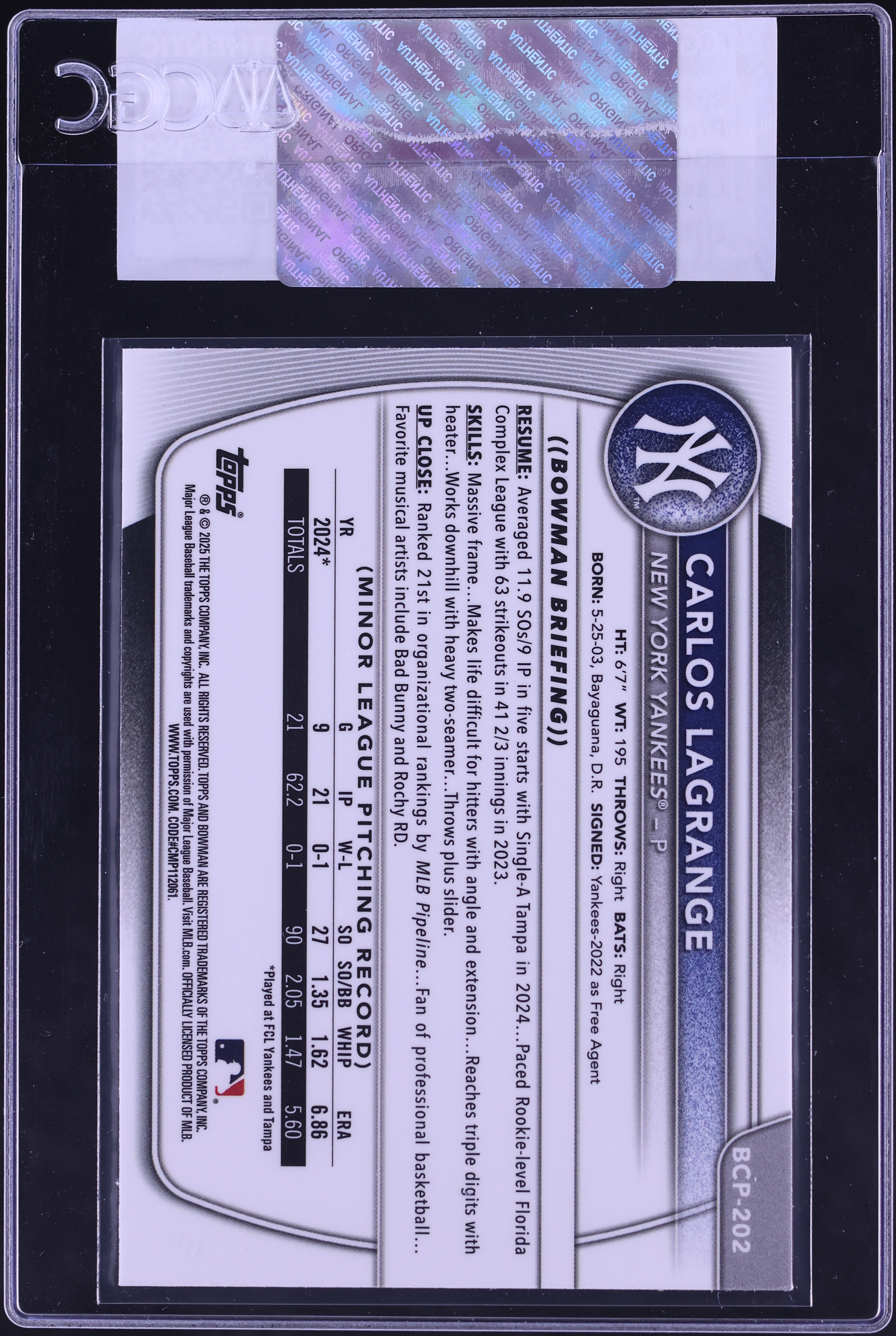 2025 Bowman Chrome Laser Refractor Carlos Lagrange PROSPECT #BCP 
