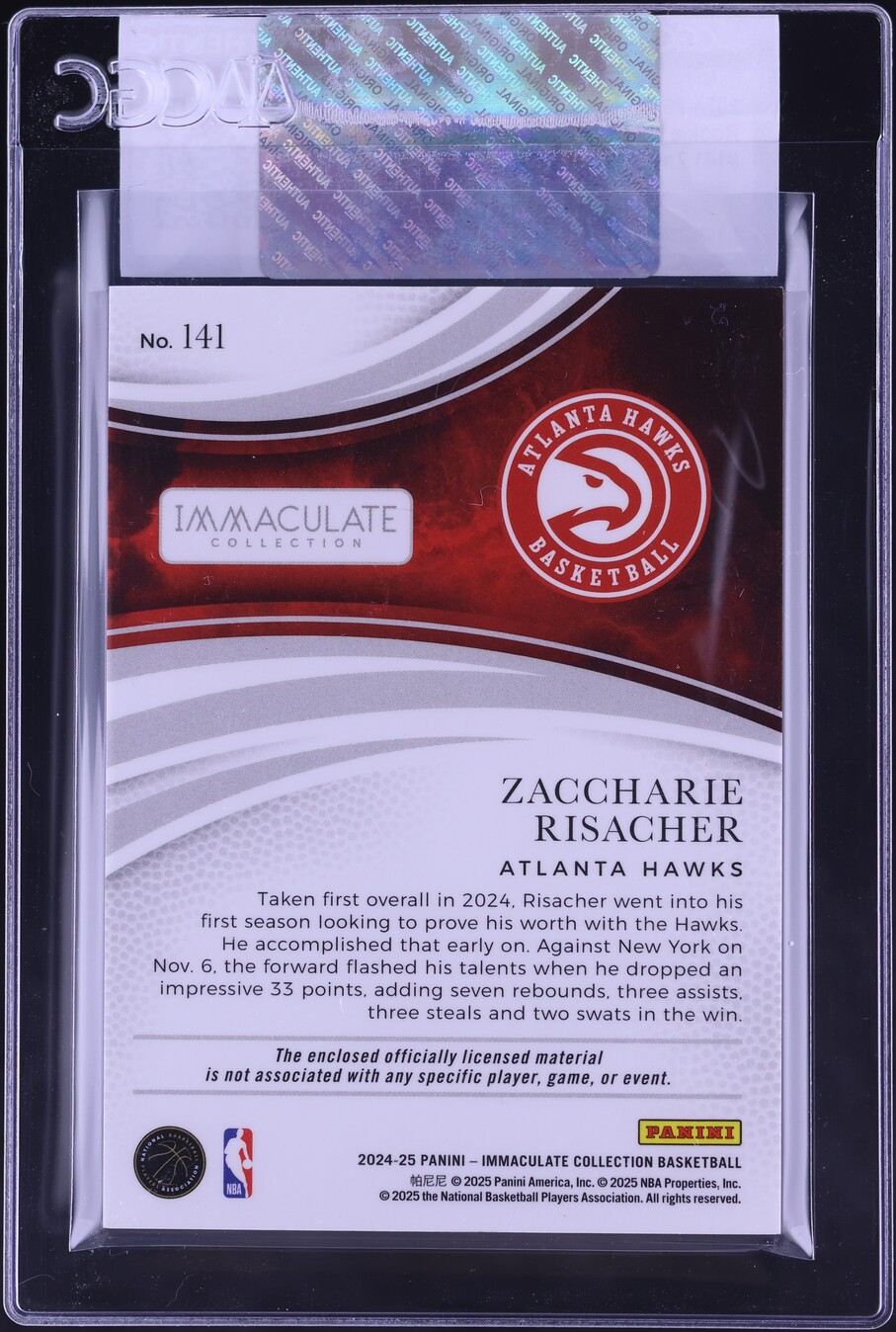 2024 Immaculate Collection Zaccharie Risacher ROOKIE PATCH /99 
