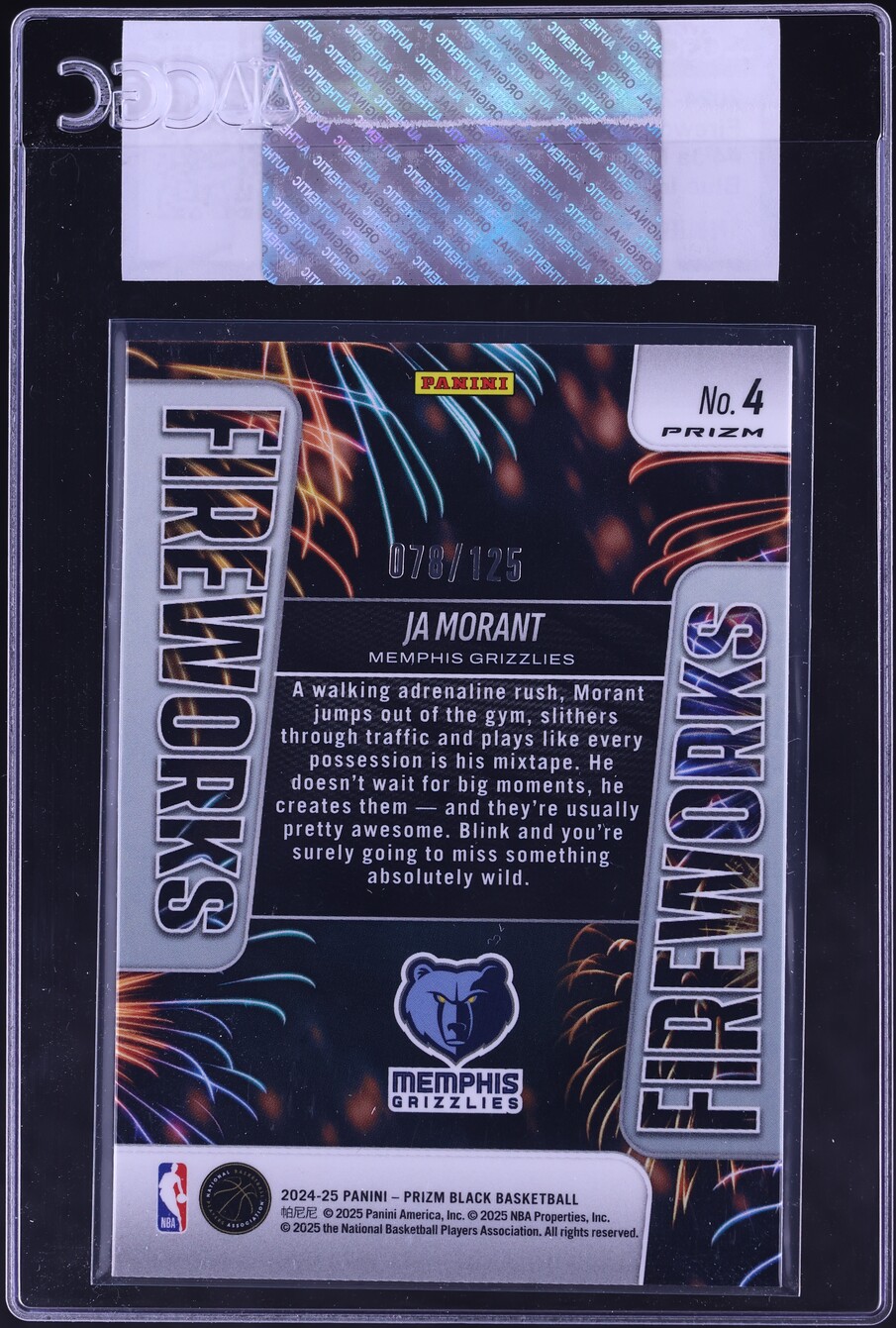 2024 Panini Prizm Black Fireworks Blue Ice Ja Morant /125 #4 CGC
