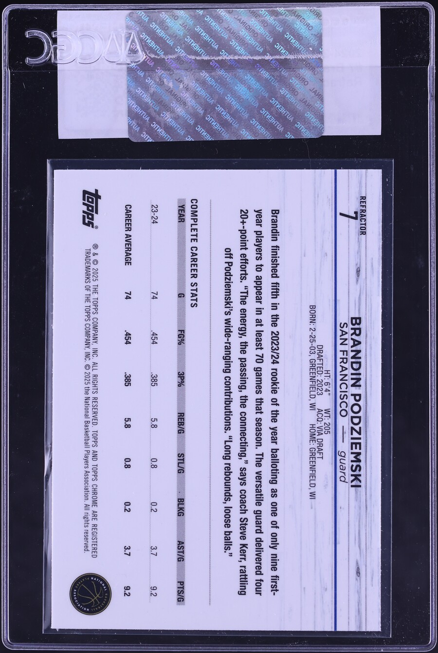 2024 Topps Chrome Refractor Brandin Podziemski #7 CGC AUTH on