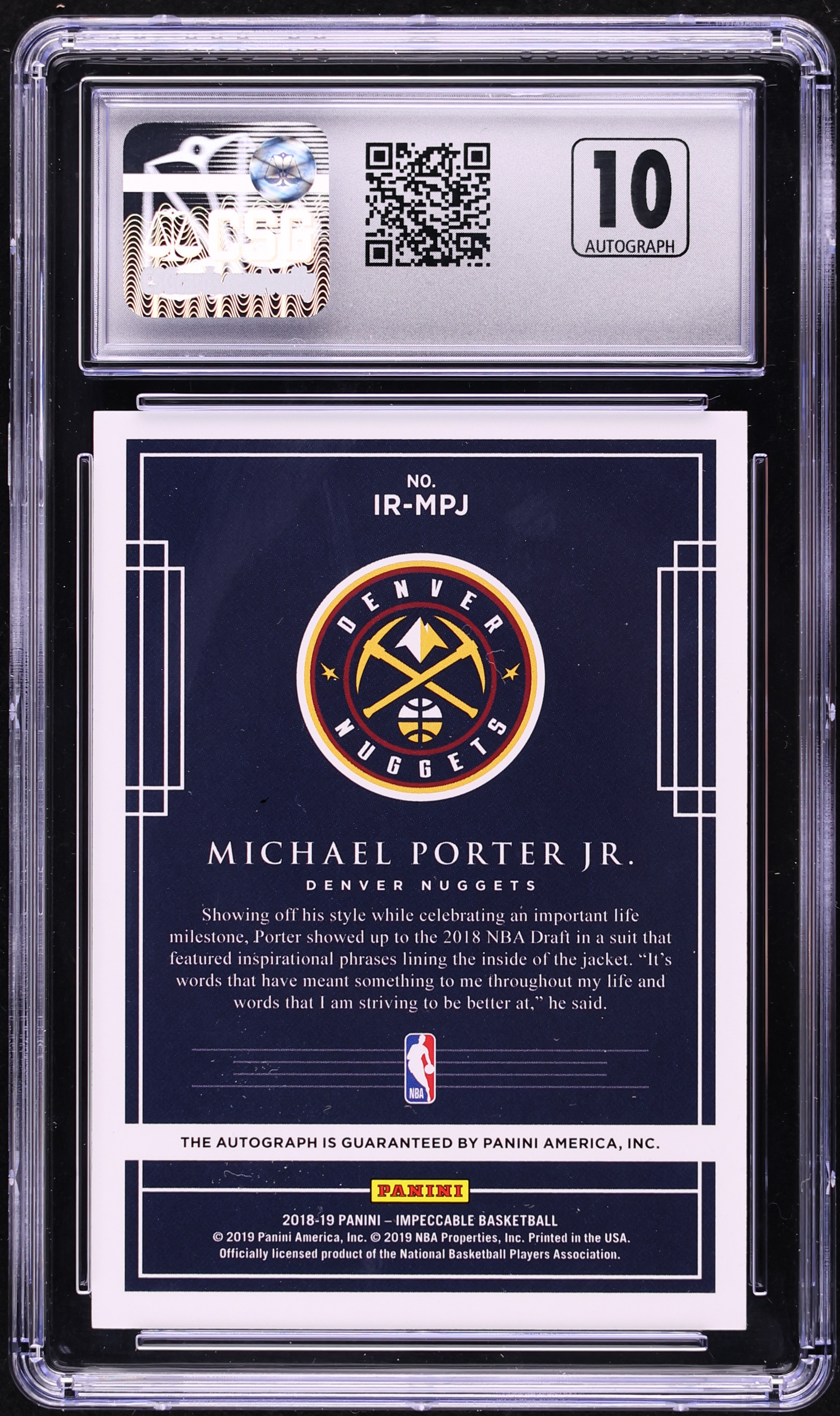 2018 Panini Impeccable Michael Porter Jr. ROOKIE AUTO 1/99 #IR-MPJ
