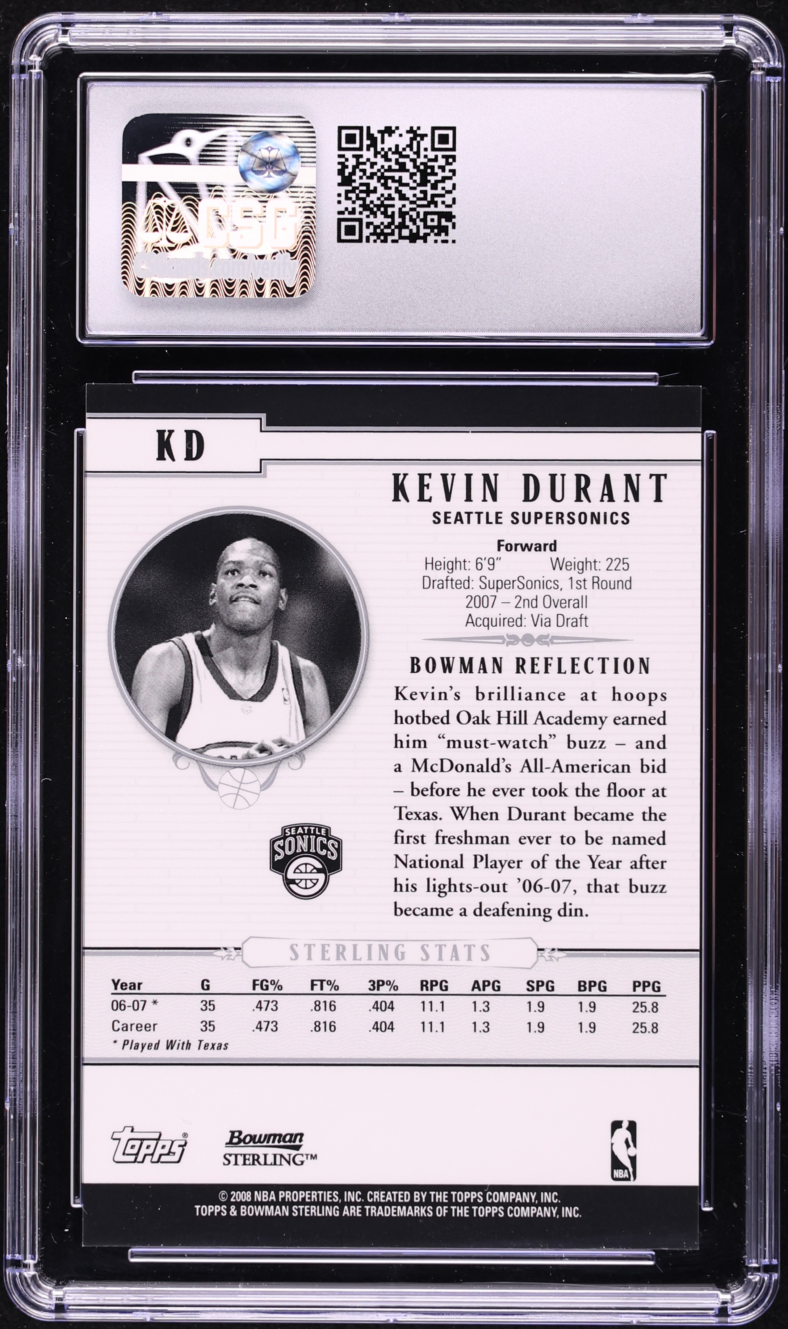 2007 Bowman Sterling Kevin Durant #KD CSG 9.5 MINT+ on Fanatics