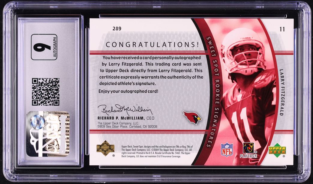2004 Upper Deck Sweet Spot Larry Fitzgerald ROOKIE AUTO /150 #289 CSG 9 MINT