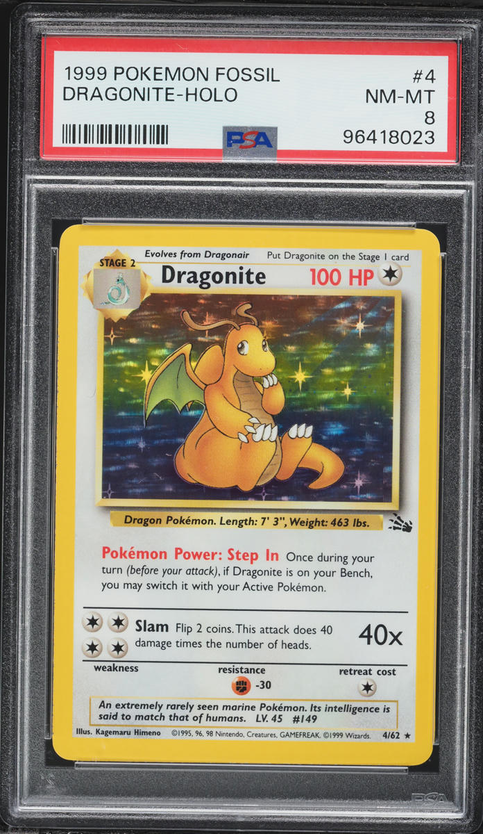 1999 Pokemon Fossil Holo Dragonite #4 PSA 8 NM-MT