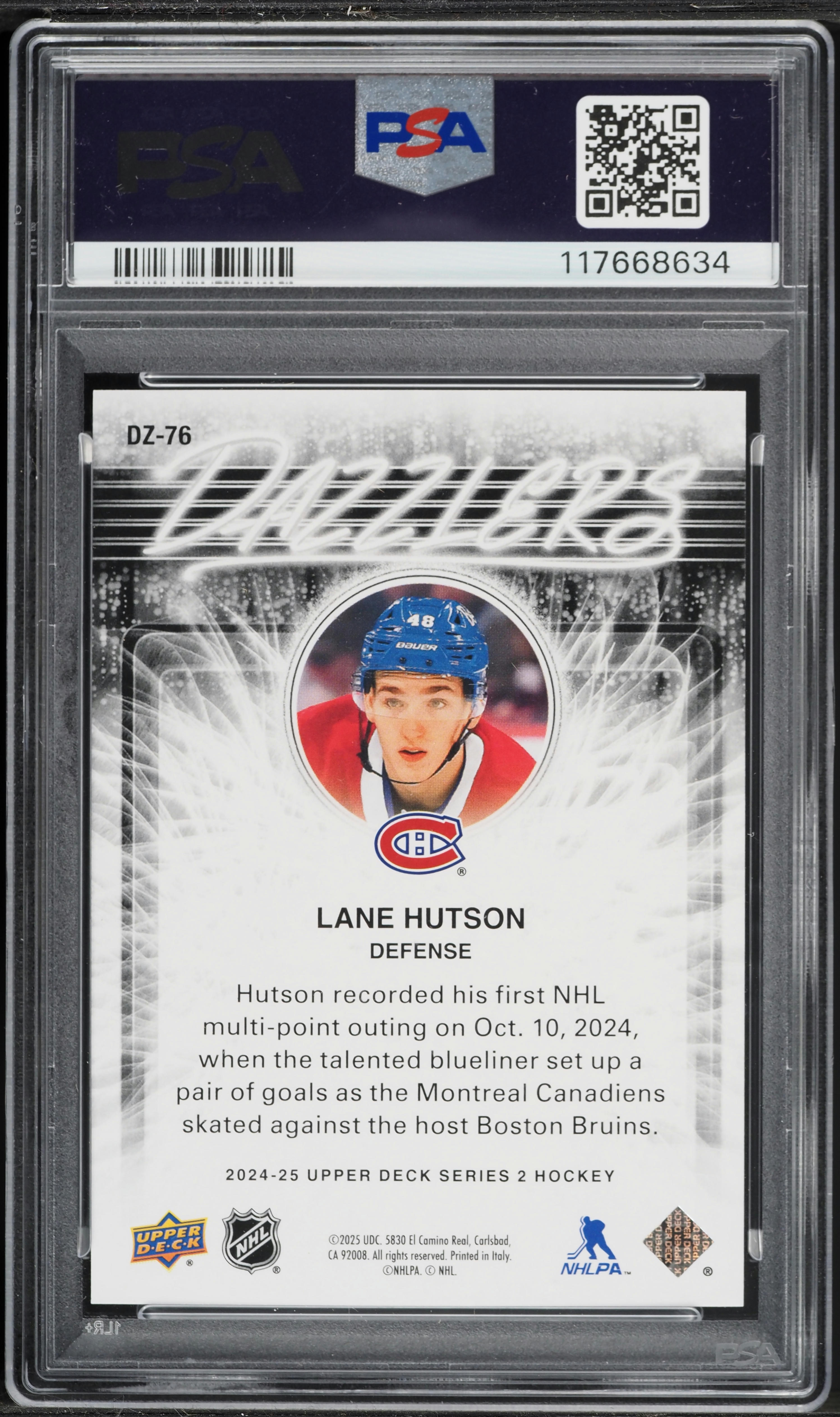 2024 Upper Deck Dazzlers Orange Lane Hutson #DZ76 PSA 10 GEM MINT