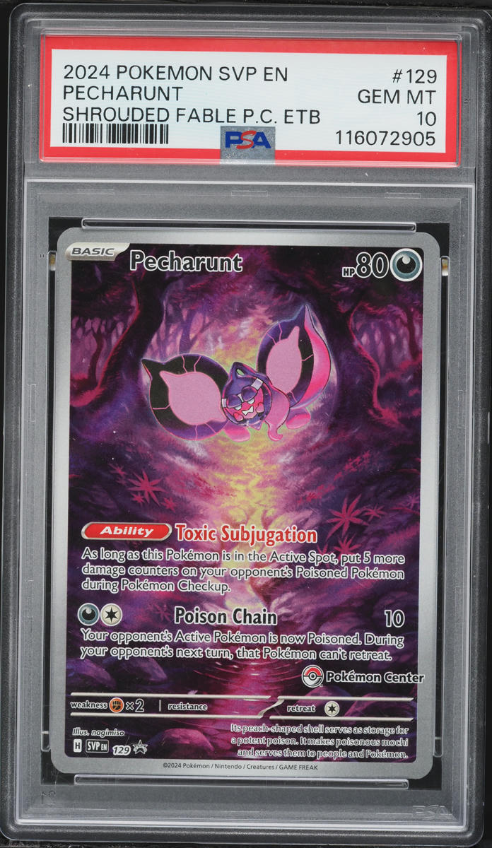 2024 Pokemon Scarlet & Violet Promo Shrouded Fable Center ETB Alt Art Pecharunt #129 PSA 10 GEM