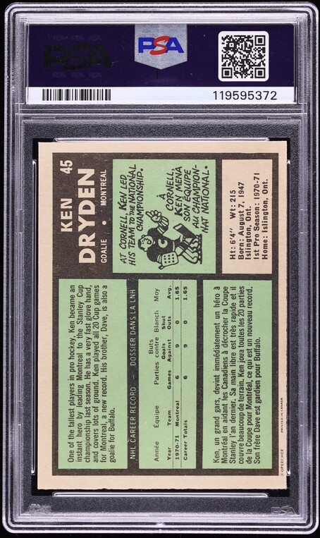 1971 O-Pee-Chee Hockey Ken Dryden ROOKIE #45 PSA 7.5 NRMT+