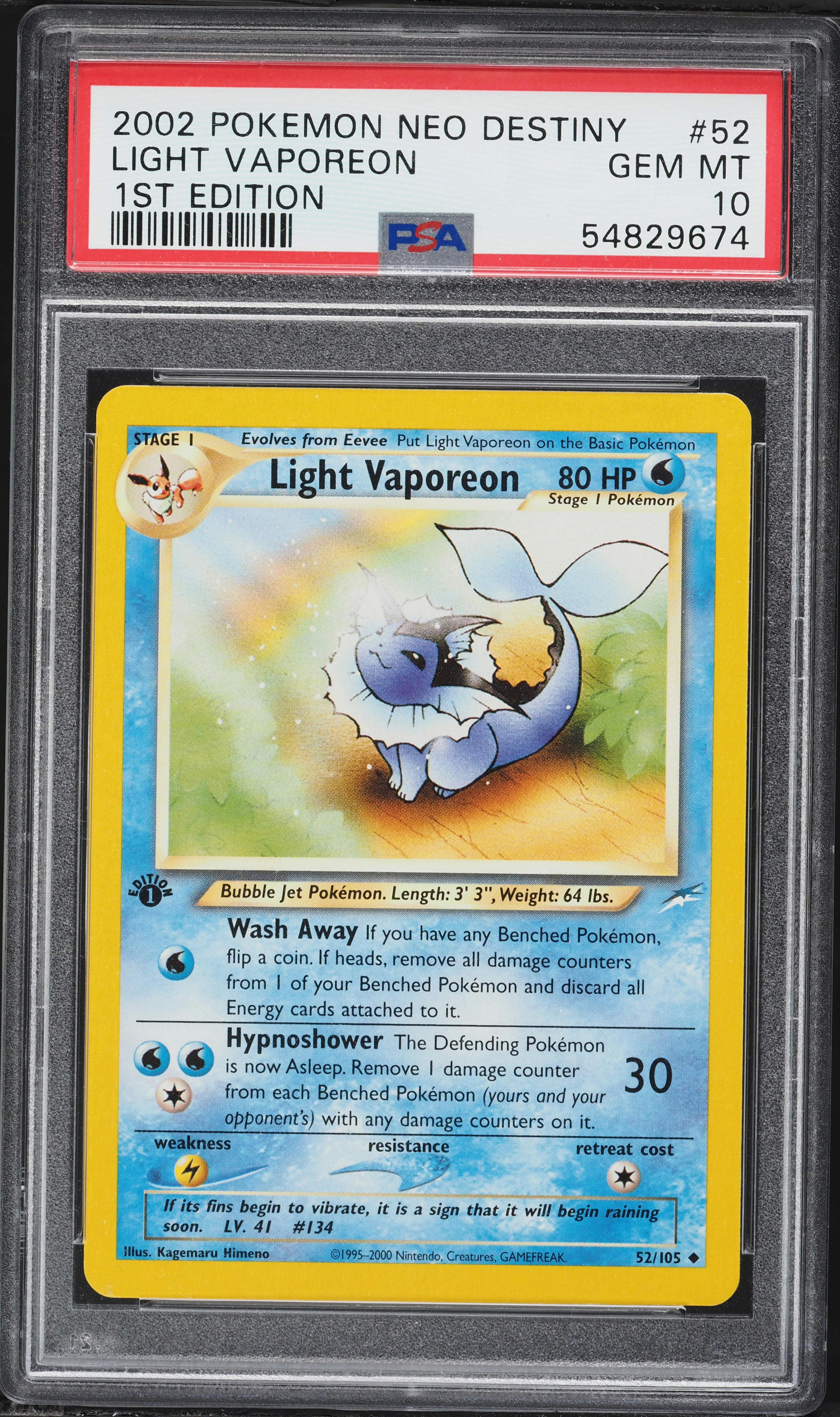 2002 Pokemon Neo Destiny 1st Edition Light Vaporeon #52 PSA 10 GEM