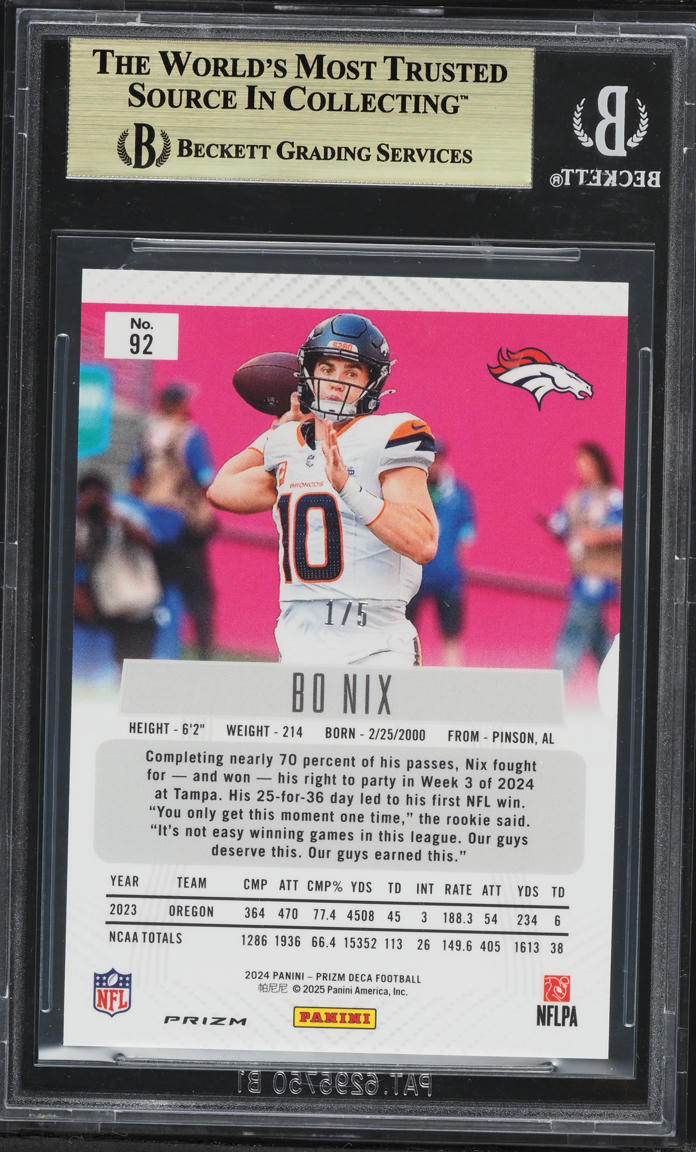 2024 Panini Prizm Deca Black Gold Bo Nix ROOKIE 1/5 #92 BGS 9.5 GEM MINT