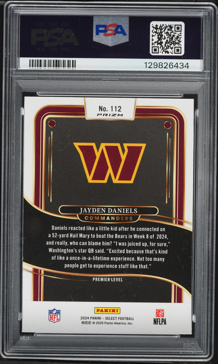 2024 Select Premier Level Zebra Shock Prizm Jayden Daniels ROOKIE #112 PSA 10 GEM MINT