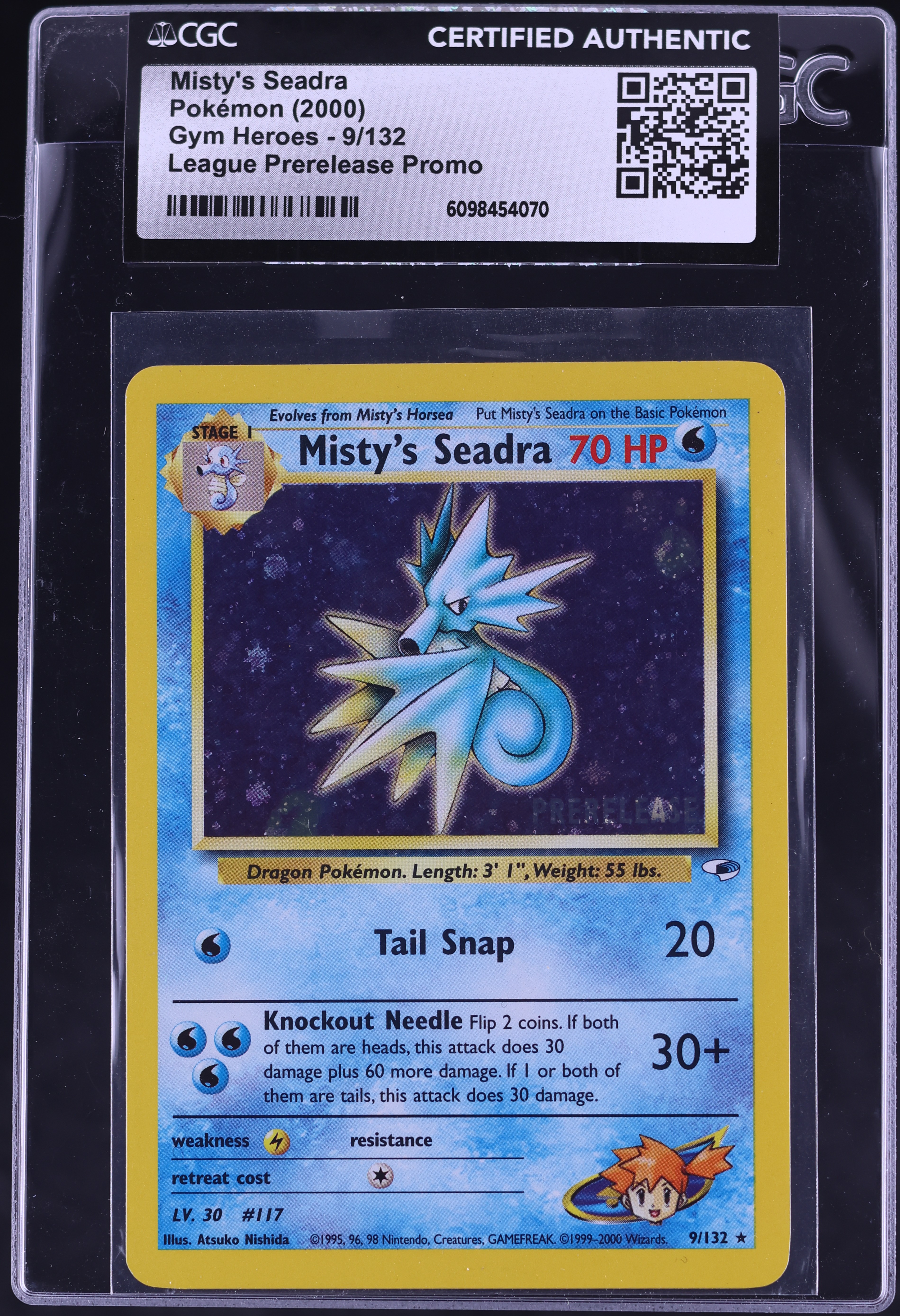 misty's seadra prerelease pokemon card value Misty's Seadra 2000 Pokemon Gym Heroes League Prerelease Promo #9 CGC Authenticated 9 Card