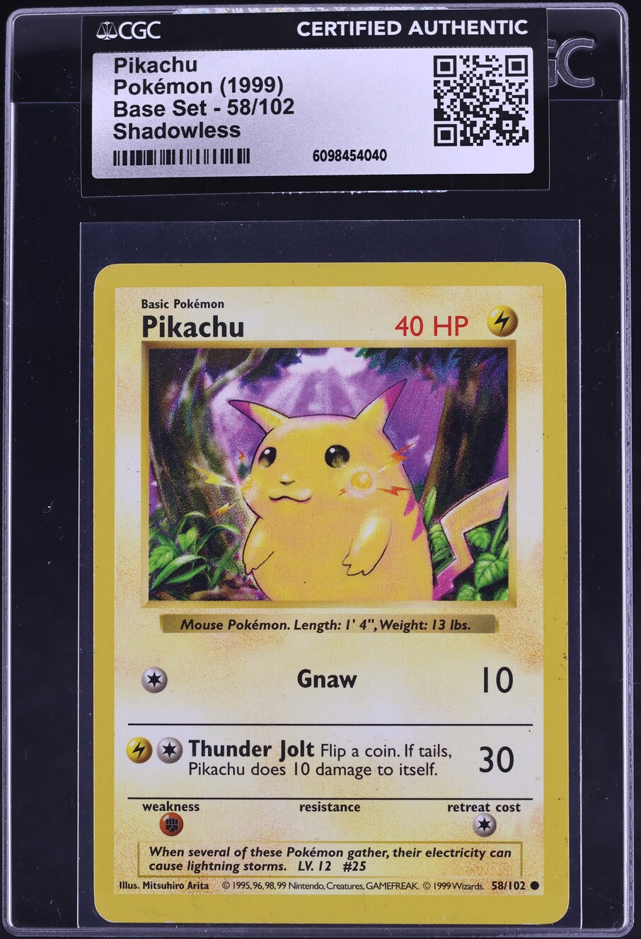 1999 Pokemon Base Set Shadowless Yellow Cheeks Pikachu #58 CGC AUTH
