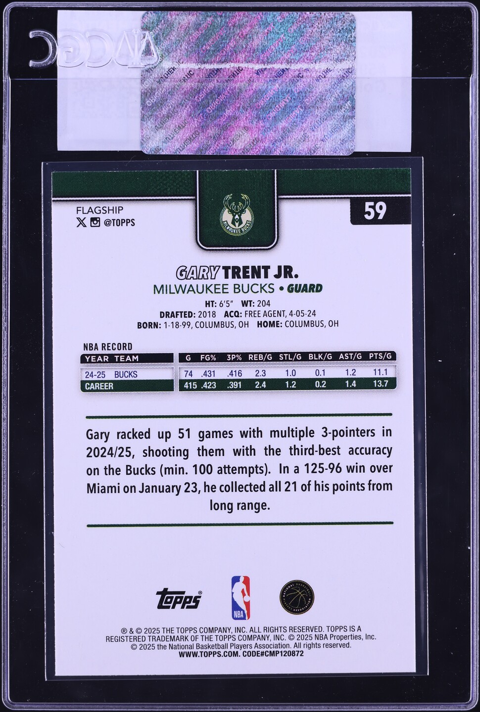 2025 Topps Basketball Gold Gary Trent Jr. /2025 #59 CGC AUTH on