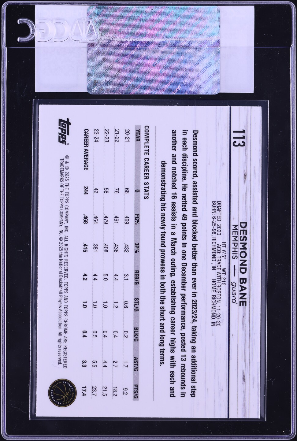 2024 Topps Chrome Purple Speckle Refractor Desmond Bane /299 #113