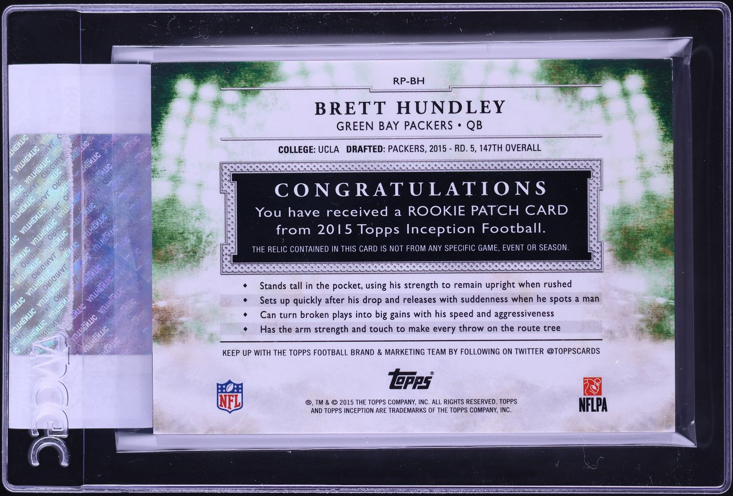2015 Topps Inception Red Brett Hundley ROOKIE PATCH /50 #RP-BH CGC AUTH
