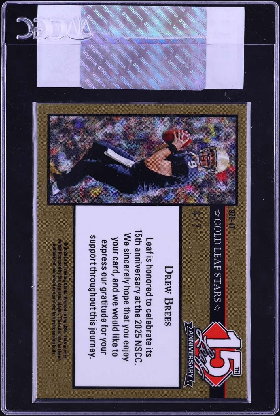 2025 Leaf 15th Anniversary '92 Gold Stars Purple Lava Drew Brees /7 #92B-47 CGC AUTH