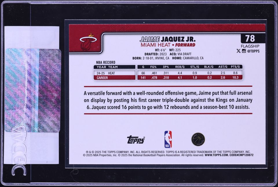 2025 Topps Basketball Sandglitter Jaime Jaquez Jr. #78 CGC AUTH on