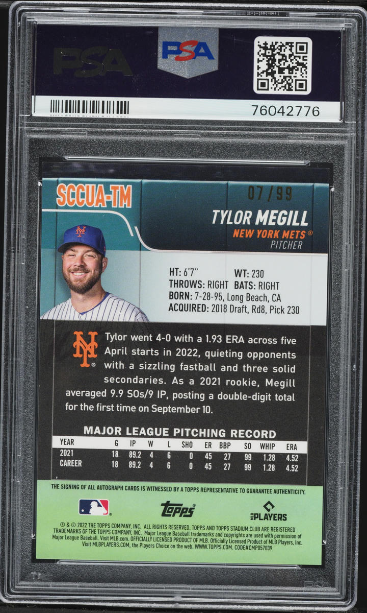 2022 Stadium Club Chrome Green Refractor Tylor Megill ROOKIE AUTO /99 #TM PSA 8 NM-MT