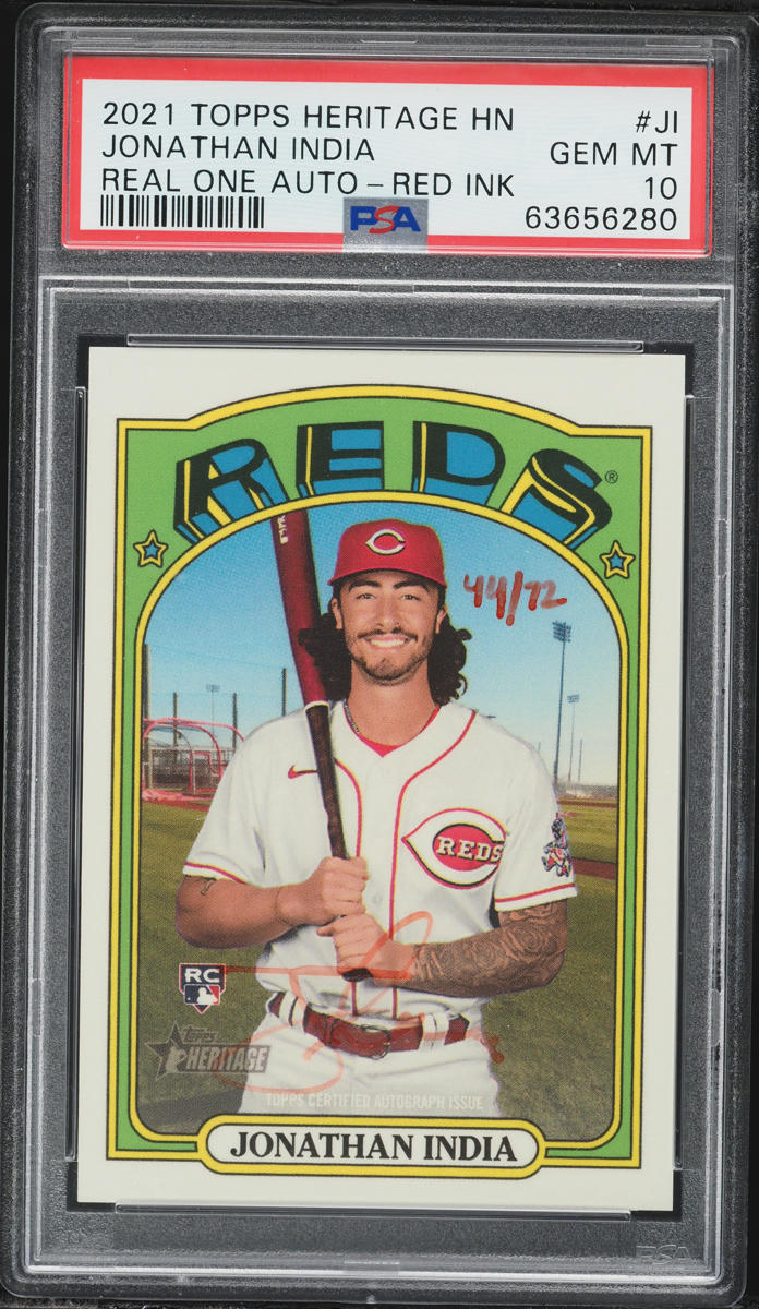 2021 Topps Heritage Real One Blue Red Ink Jonathan India ROOKIE AUTO /72 #JI PSA 10 GEM MINT