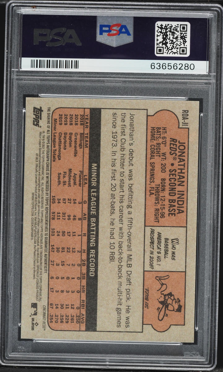 2021 Topps Heritage Real One Blue Red Ink Jonathan India ROOKIE AUTO /72 #JI PSA 10 GEM MINT