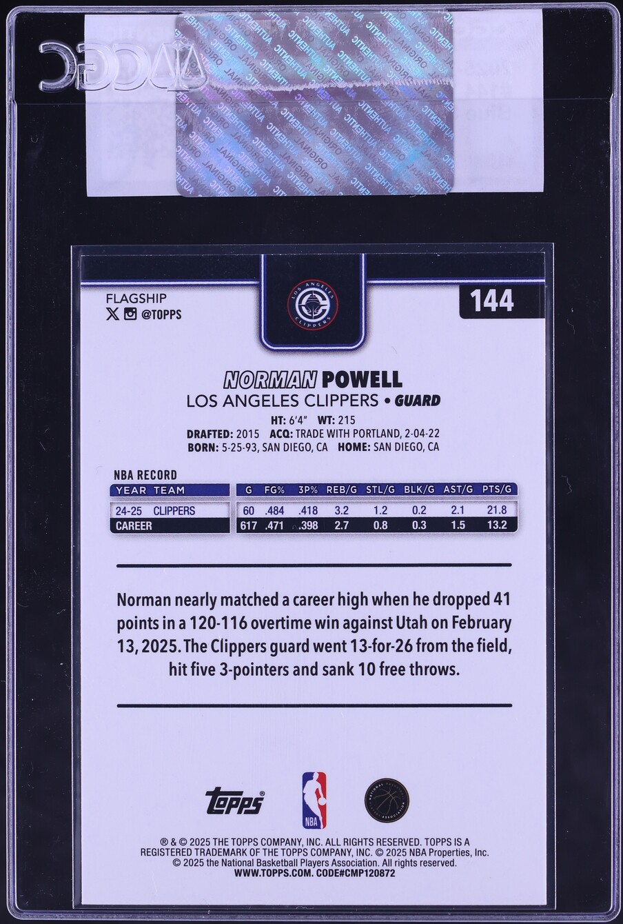 2025 Topps Blue Sandglitter Norman Powell #144 CGC AUTH