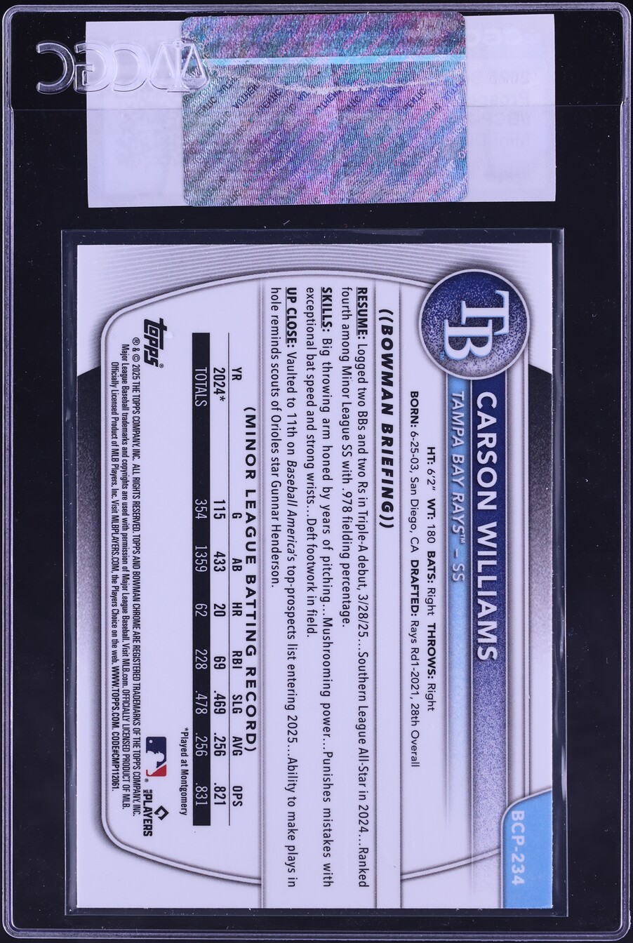 2025 Bowman Chrome Prospects Mini-Diamond Refractor Carson Williams #BCP-234 CGC AUTH