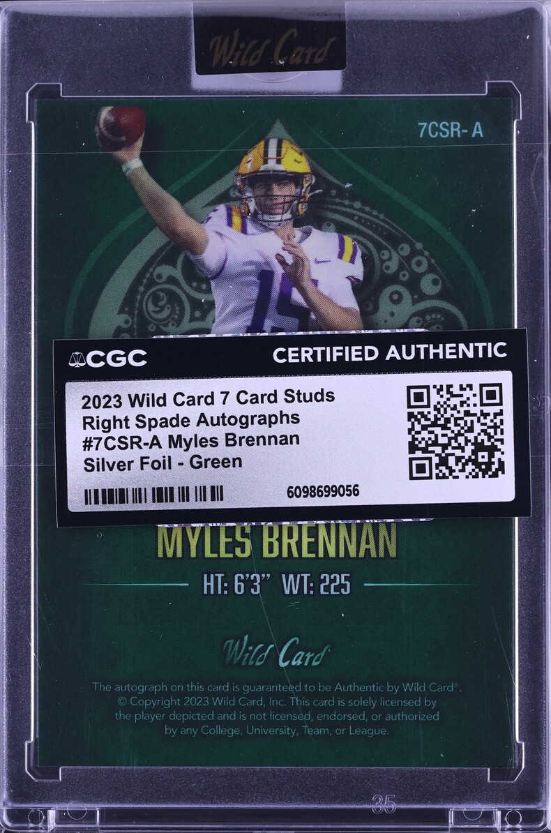 2023 Wild Card 7 Studs Right Spade Silver Foil Green Myles Brennan ROOKIE AUTO /5 CGC AUTH
