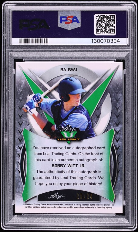 2019 Leaf Valiant Navy Bobby Witt Jr. AUTO /25 #BA-BWJ PSA 10 GEM MINT