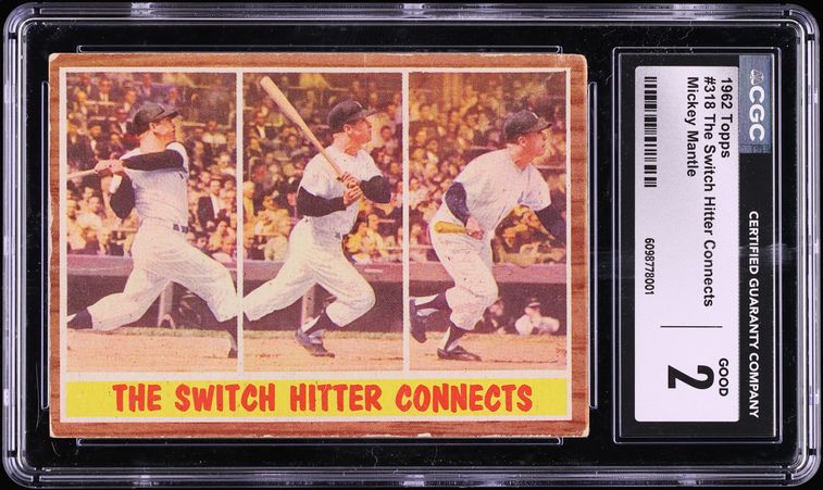 1962 Topps The Switch Hitter Connects Mickey Mantle #318 CGC 2 GD