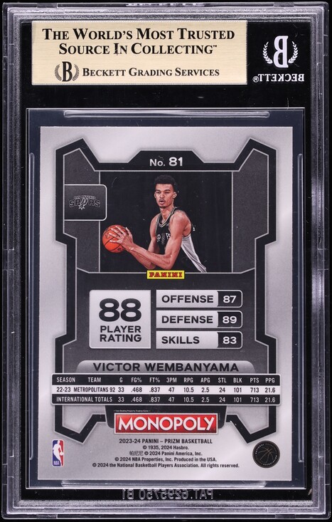 2023 Panini Prizm Monopoly Victor Wembanyama ROOKIE #81 BGS 10 PRISTINE