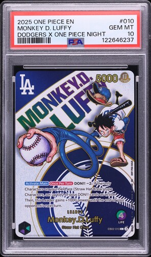 one piece card dodger game Luffy x LA Dodgers Promo PSA TAG Beckett PSA 10 Monkey D Luffy