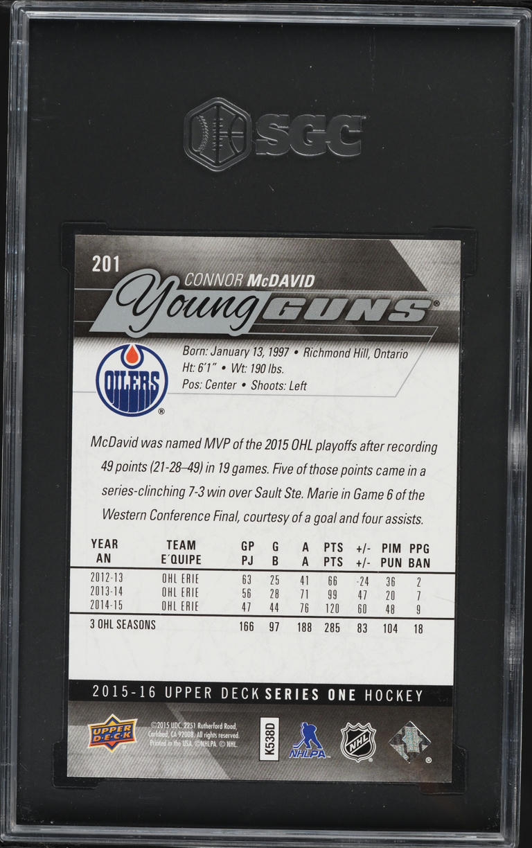 2015 Upper Deck Young Guns Connor McDavid ROOKIE #201 SGC 10 GEM MINT