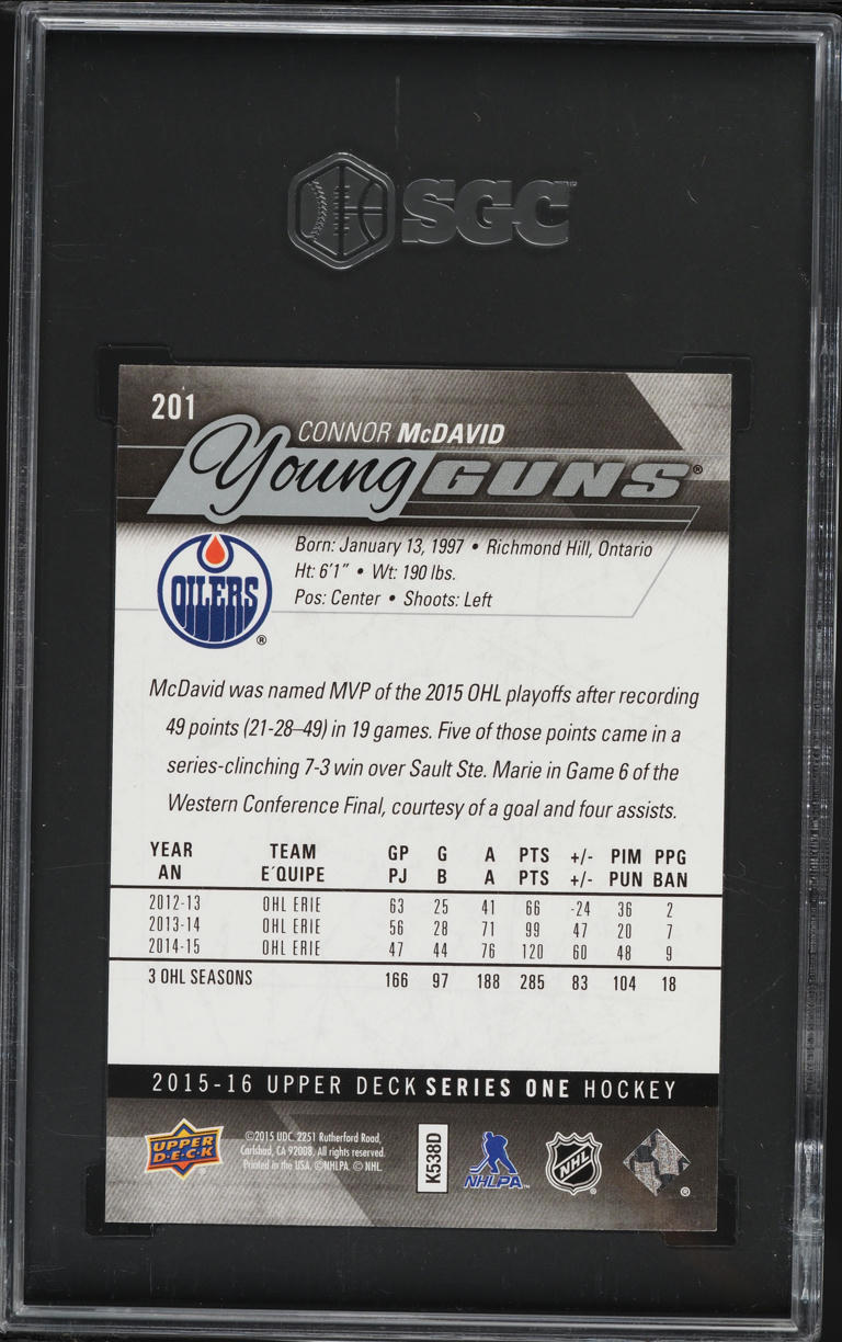 2015 Upper Deck Young Guns Connor McDavid ROOKIE #201 SGC 10 GEM MINT