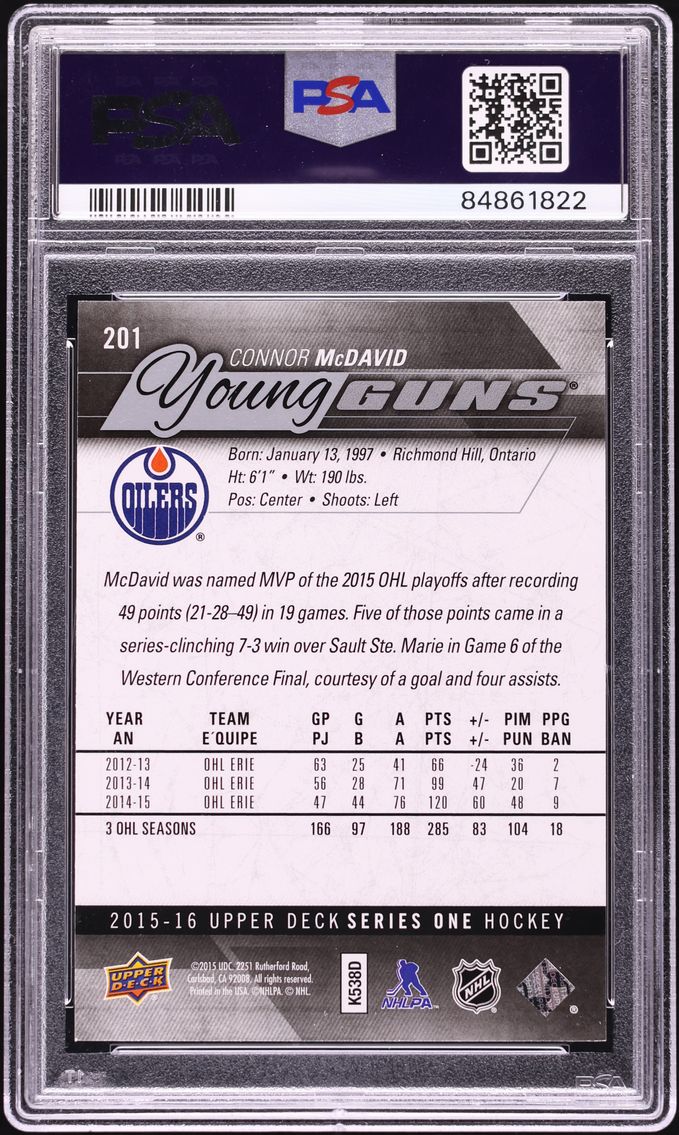 2015 Upper Deck Young Guns Connor McDavid ROOKIE #201 PSA 10 GEM MINT