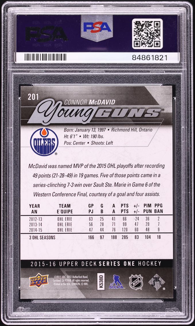 2015 Upper Deck Young Guns Connor McDavid ROOKIE #201 PSA 10 GEM MINT