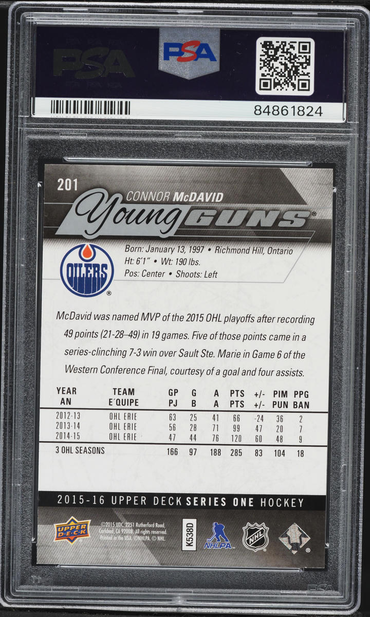 2015 Upper Deck Young Guns Connor McDavid ROOKIE #201 PSA 10 GEM MINT