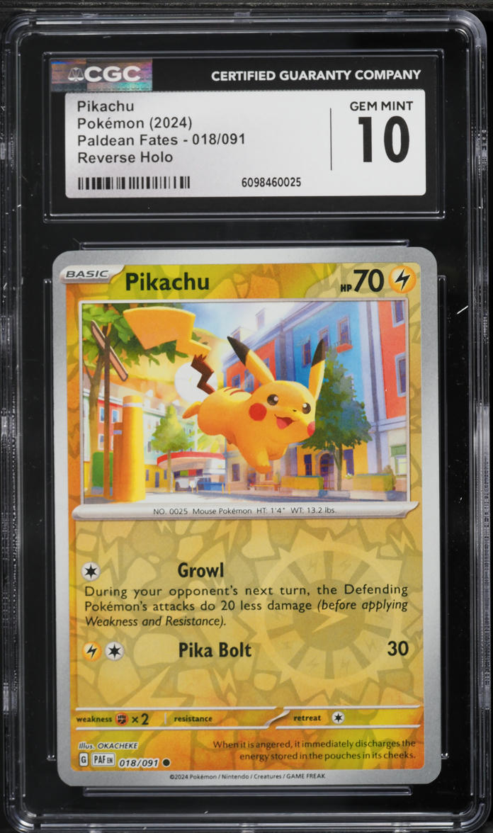 2024 Pokemon Scarlet & Violet Paldean Fates Reverse Holo Pikachu #18 CGC 10 GEM MINT