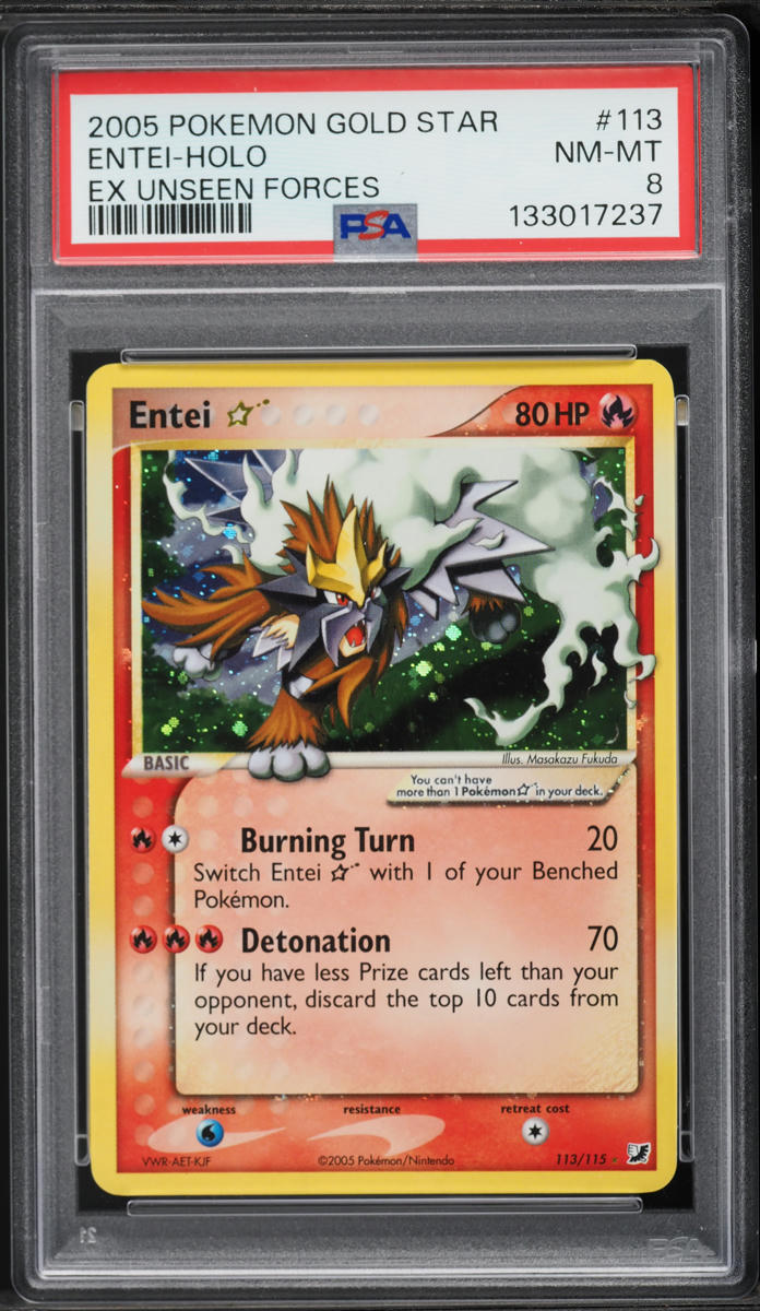 2005 Pokemon EX Unseen Forces Holo Entei Gold Star #113 PSA 8 NM-MT