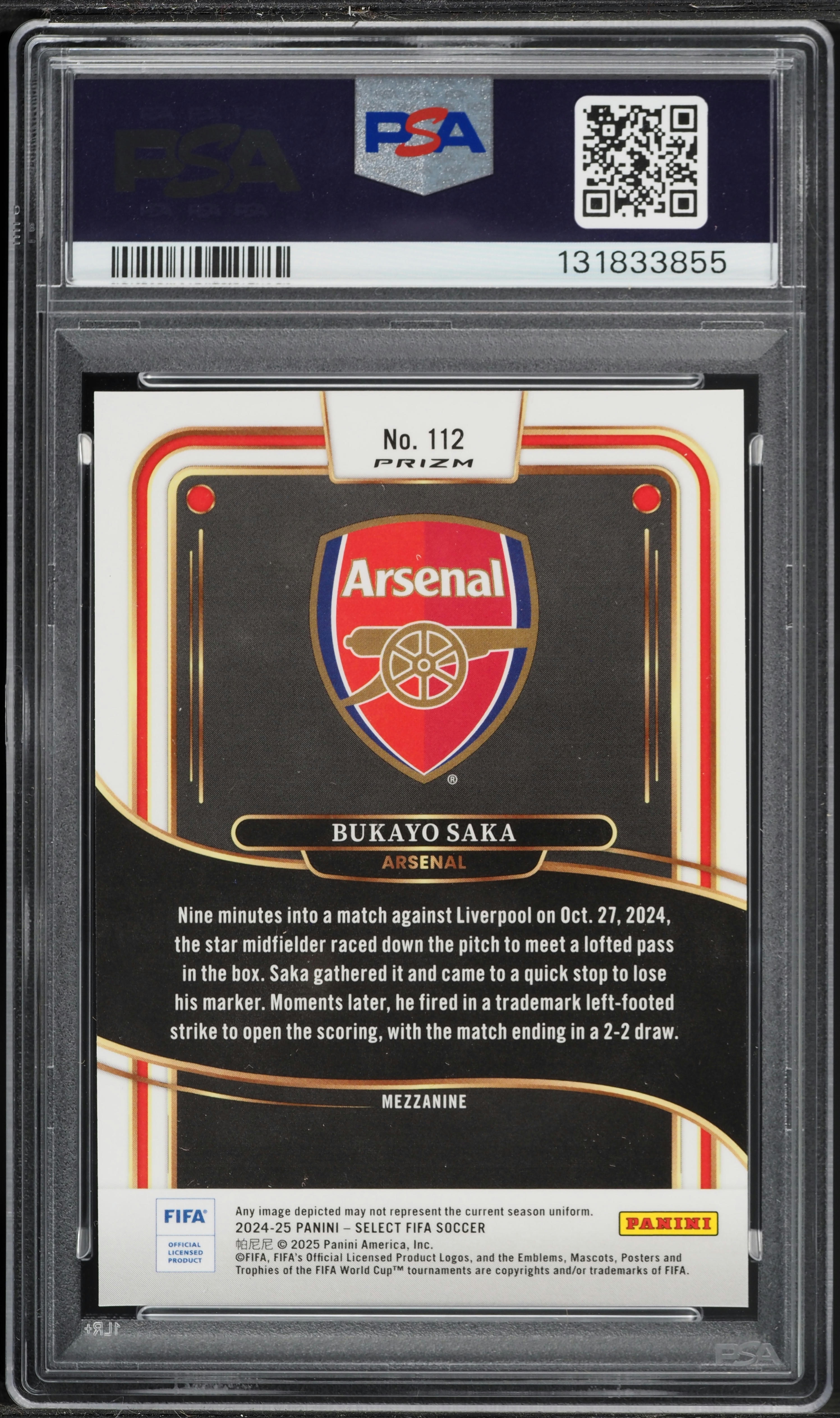 2024 Select Mezzanine FIFA Zebra Bukayo Saka #112 PSA 8 NM-MT on