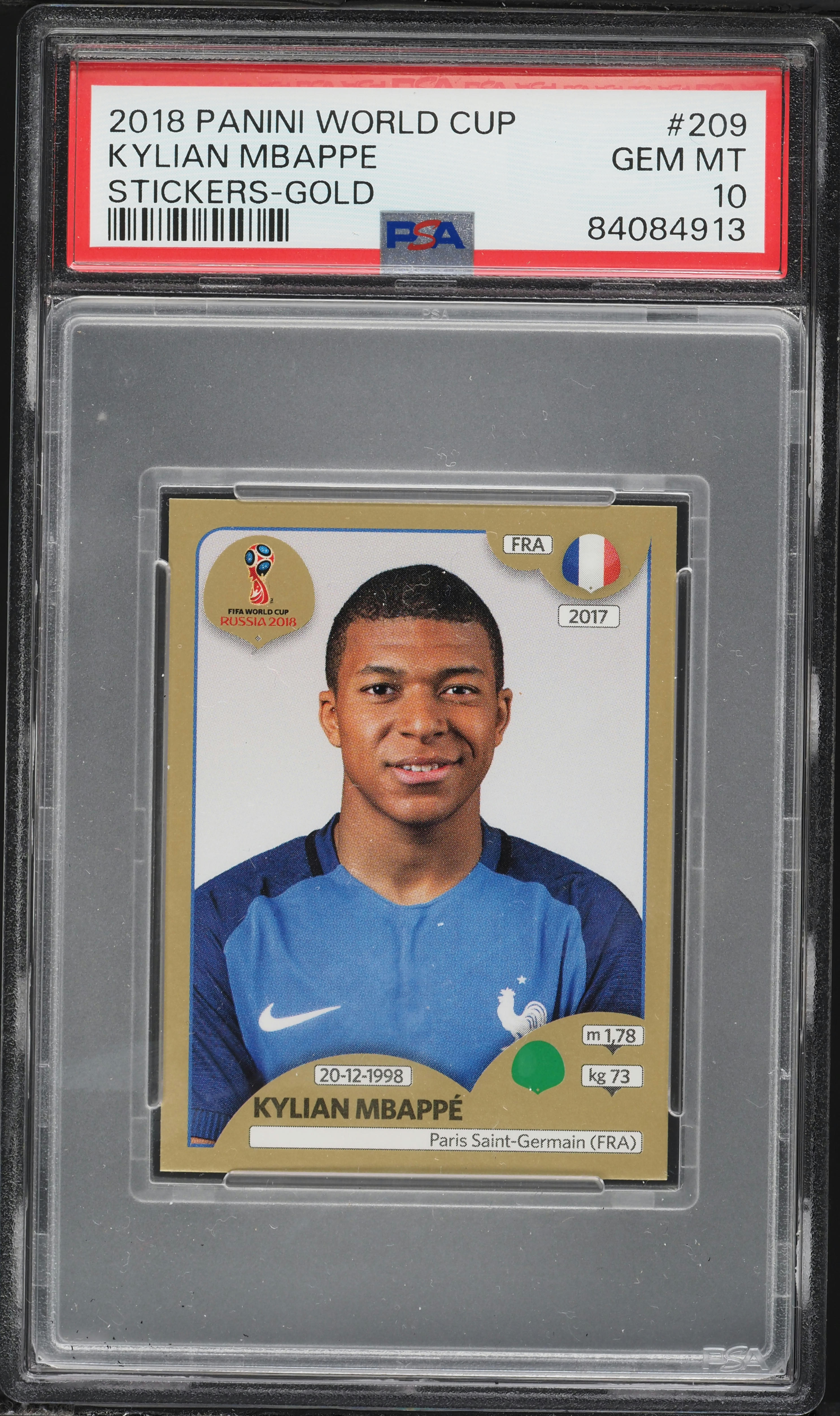 2018 Panini World Cup Stickers Gold Kylian Mbappe ROOKIE #209 PSA 