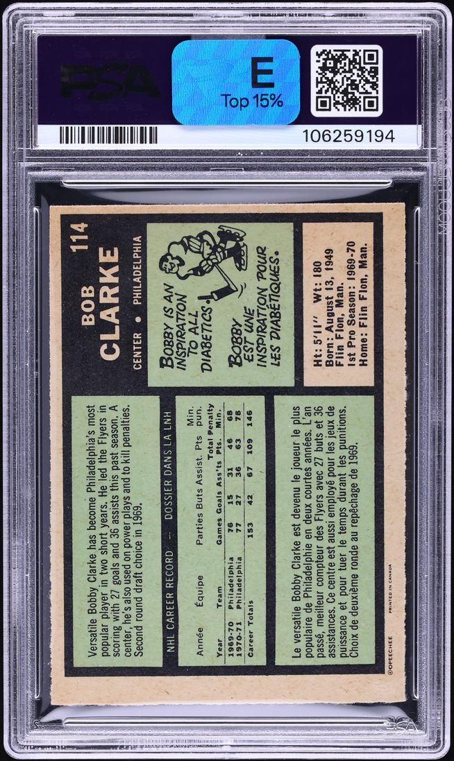 1971 O-Pee-Chee Hockey Bobby Clarke #114 PSA 8 NM-MT