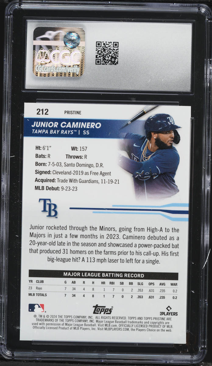 2024 Topps Pristine Blue Refractor Junior Caminero ROOKIE /75 #212 CGC 10 GEM MINT