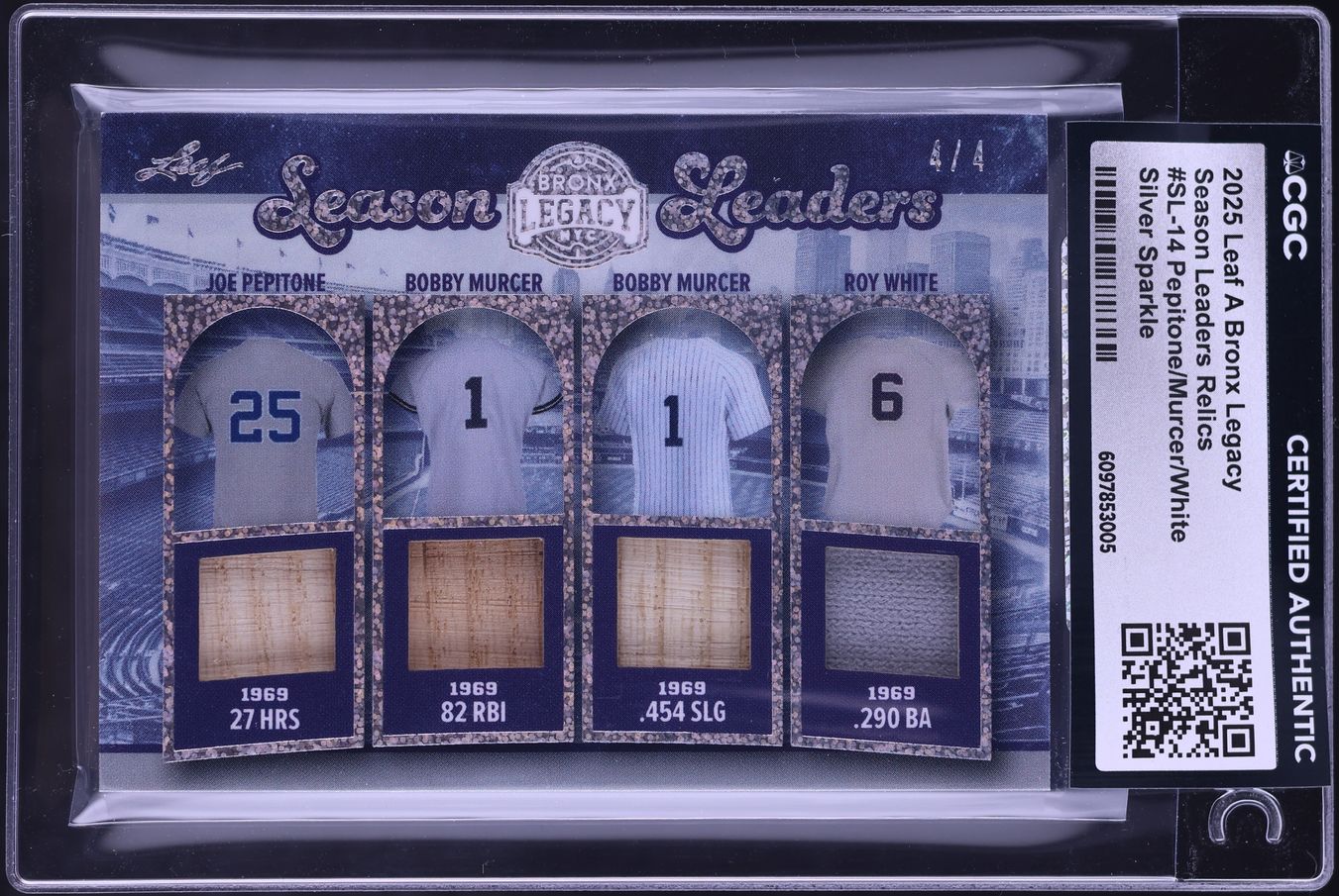 2025 Leaf A Bronx Legacy Season Leaders Silver Sparkle Pepitone Murcer White RELIC 4/4 CGC AUTH