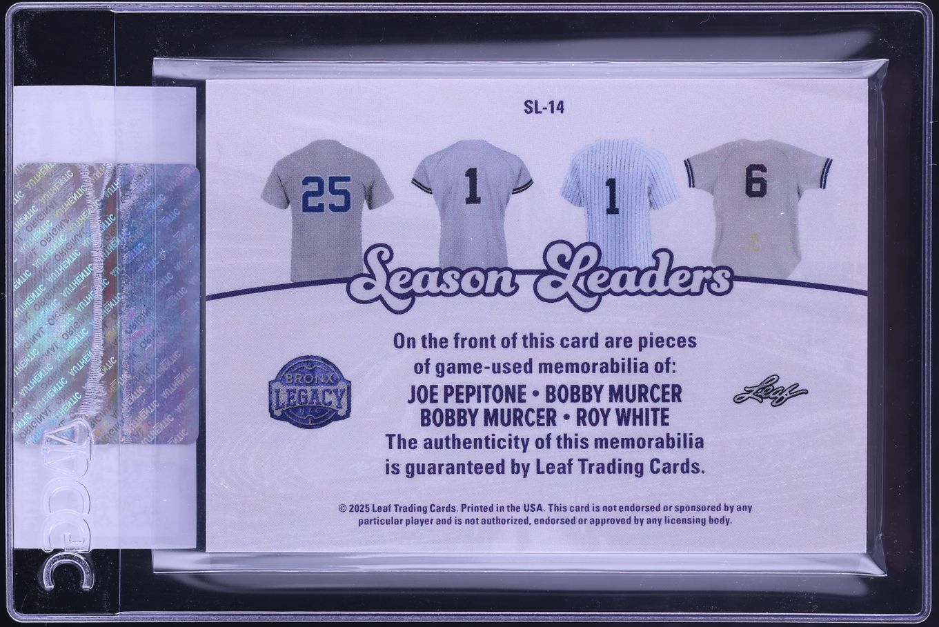 2025 Leaf A Bronx Legacy Season Leaders Silver Sparkle Pepitone Murcer White RELIC 4/4 CGC AUTH