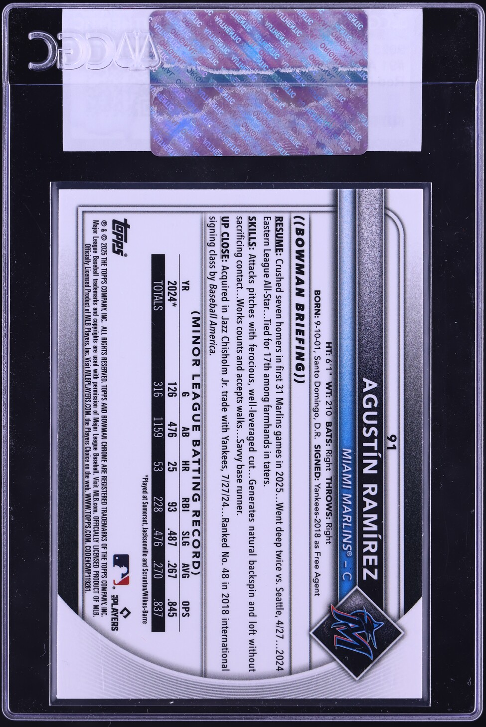 2025 Bowman Chrome Red Redemption Agustin Ramirez ROOKIE #91 CGC AUTH
