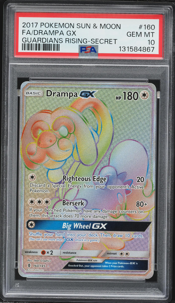 2017 Pokemon Sun & Moon Guardians Rising Rainbow Rare Drampa GX #160 PSA 10 GEM MINT