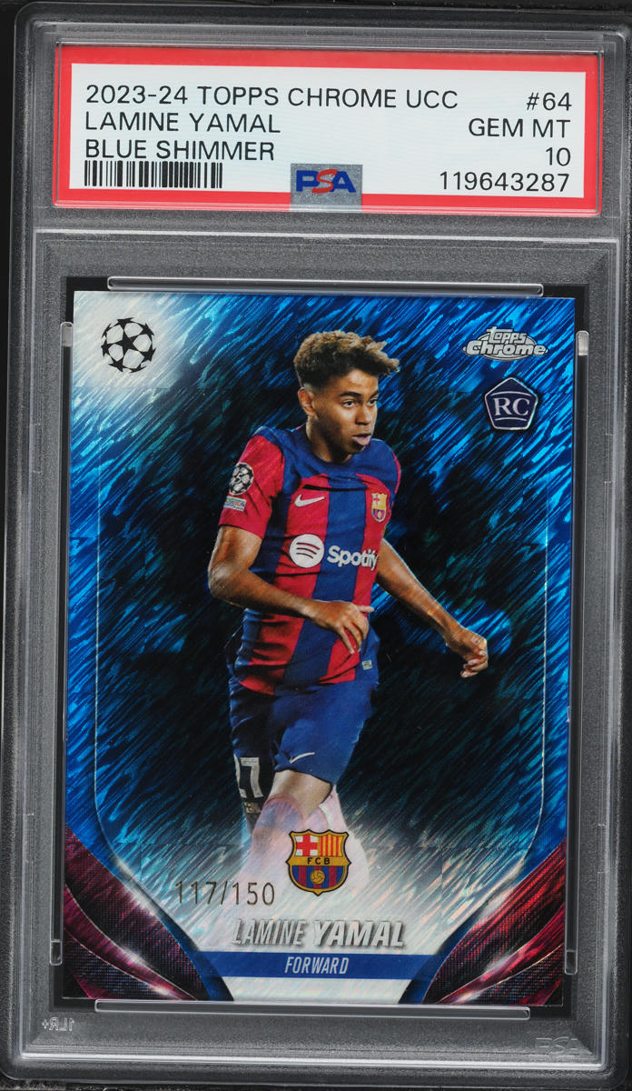 2023 Topps Chrome UEFA Club Competitions Blue Shimmer Lamine Yamal ROOKIE /150 #64 PSA 10 GEM