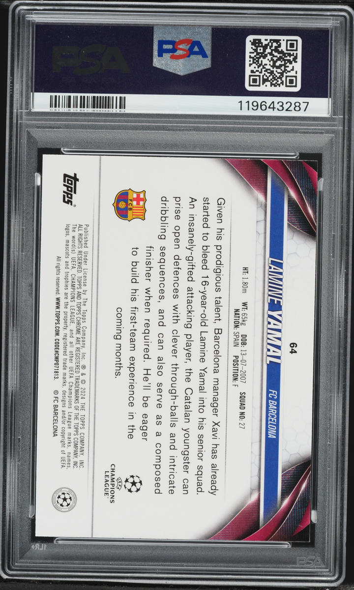2023 Topps Chrome UEFA Club Competitions Blue Shimmer Lamine Yamal ROOKIE /150 #64 PSA 10 GEM