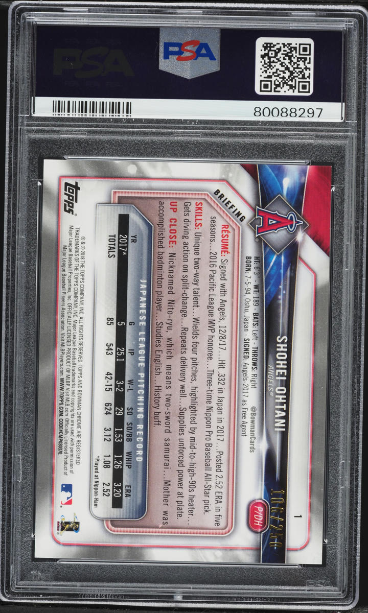 2018 Bowman Chrome Purple Refractor Shohei Ohtani ROOKIE /250 #1 PSA 9 MINT