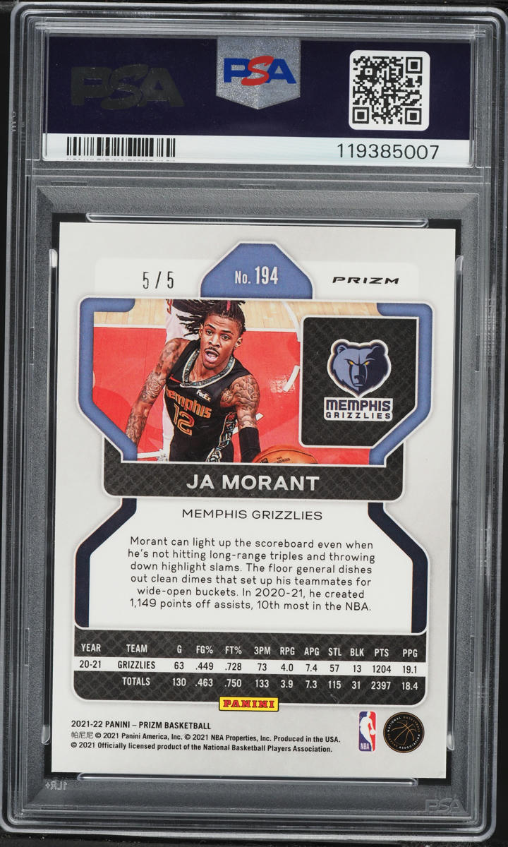 2021 Panini Prizm Black Gold Ja Morant 5/5 #194 PSA 8 NM-MT